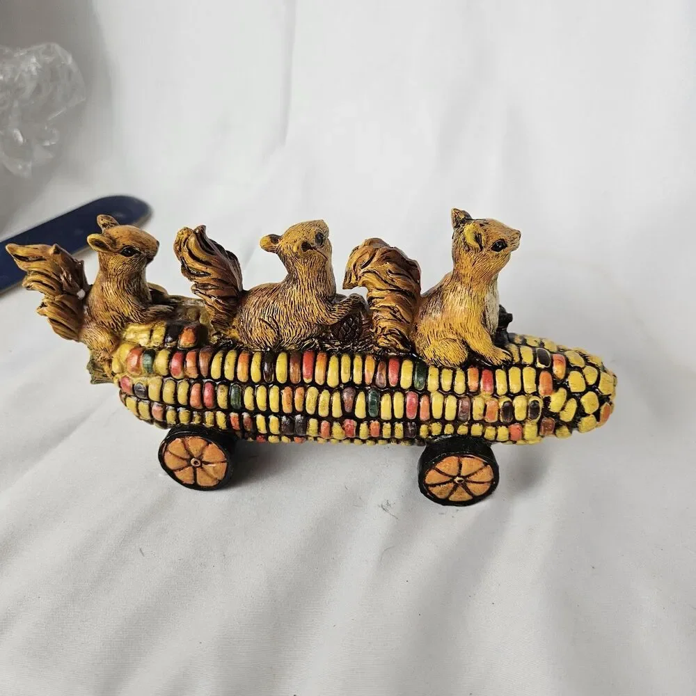Squirrels Riding Corn Cob Fall Harvest Figurine Autumn Thanksgiving Decor 7”